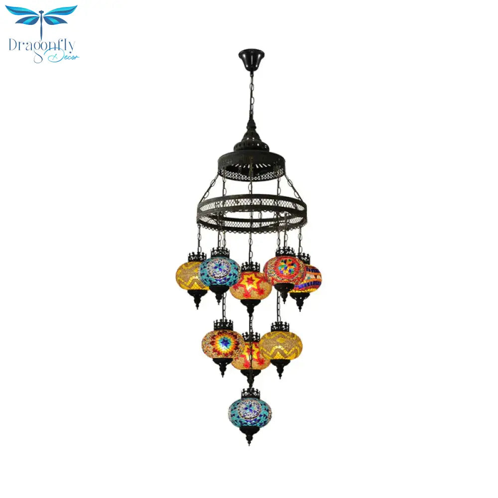 Stained Glass Lantern Pendant Lighting Bohemia Style 9 Bulbs Coffee House Ceiling Chandelier In