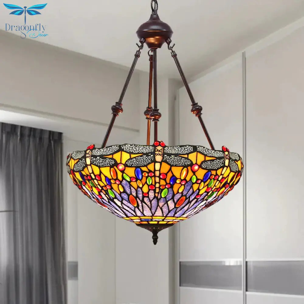 Stained Glass Red/Green/Purple Pendant Chandelier Dragonfly 2 Lights Mediterranean Suspension Lamp