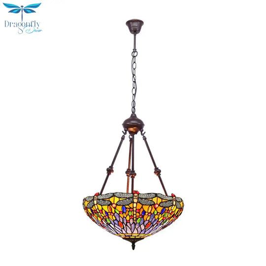 Stained Glass Red/Green/Purple Pendant Chandelier Dragonfly 2 Lights Mediterranean Suspension Lamp