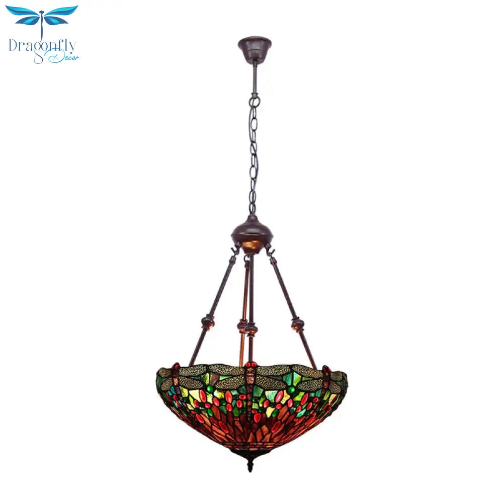 Stained Glass Red/Green/Purple Pendant Chandelier Dragonfly 2 Lights Mediterranean Suspension Lamp