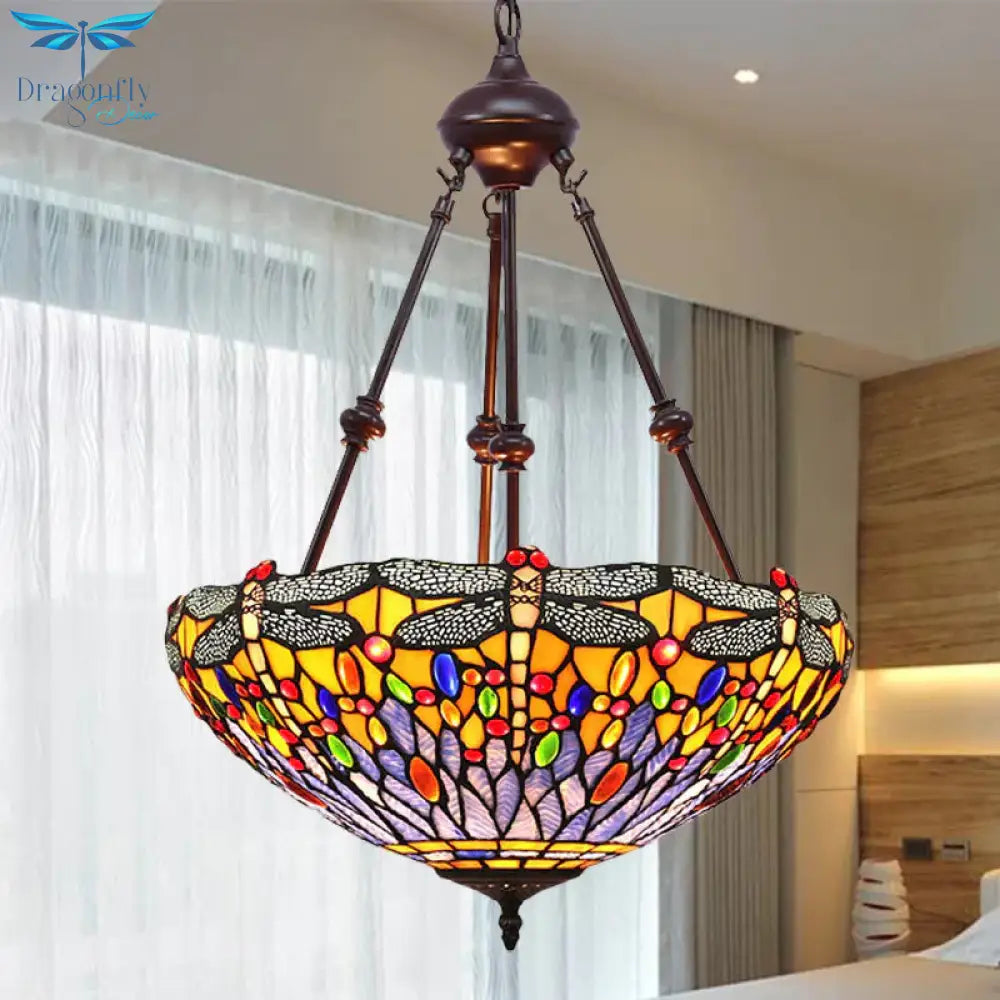 Stained Glass Red/Green/Purple Pendant Chandelier Dragonfly 2 Lights Mediterranean Suspension Lamp
