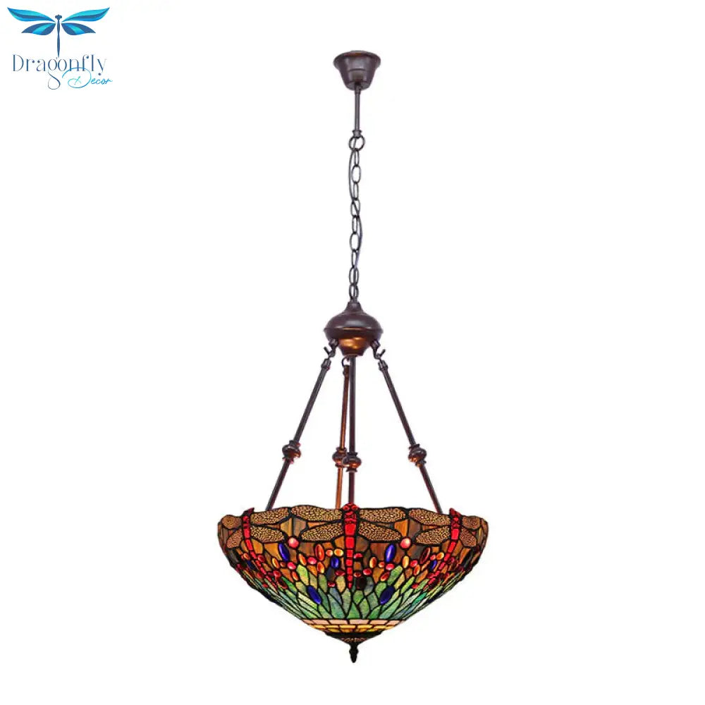 Stained Glass Red/Green/Purple Pendant Chandelier Dragonfly 2 Lights Mediterranean Suspension Lamp