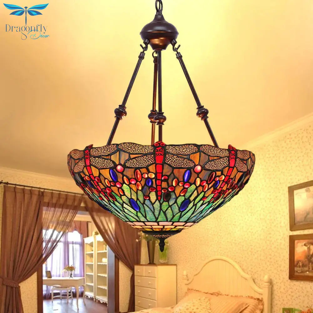 Stained Glass Red/Green/Purple Pendant Chandelier Dragonfly 2 Lights Mediterranean Suspension Lamp