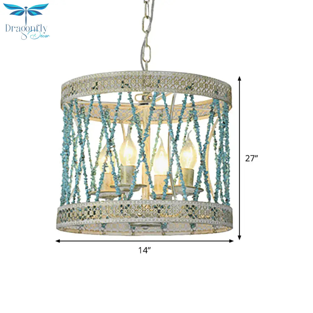 Stone Cylinder Chandelier Lamp Retro 4/6 Bulbs Blue Pendant Lighting Fixture With Adjustable Chain