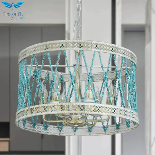 Stone Cylinder Chandelier Lamp Retro 4/6 Bulbs Blue Pendant Lighting Fixture With Adjustable Chain