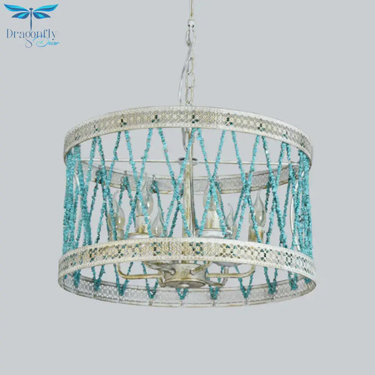 Stone Cylinder Chandelier Lamp Retro 4/6 Bulbs Blue Pendant Lighting Fixture With Adjustable Chain