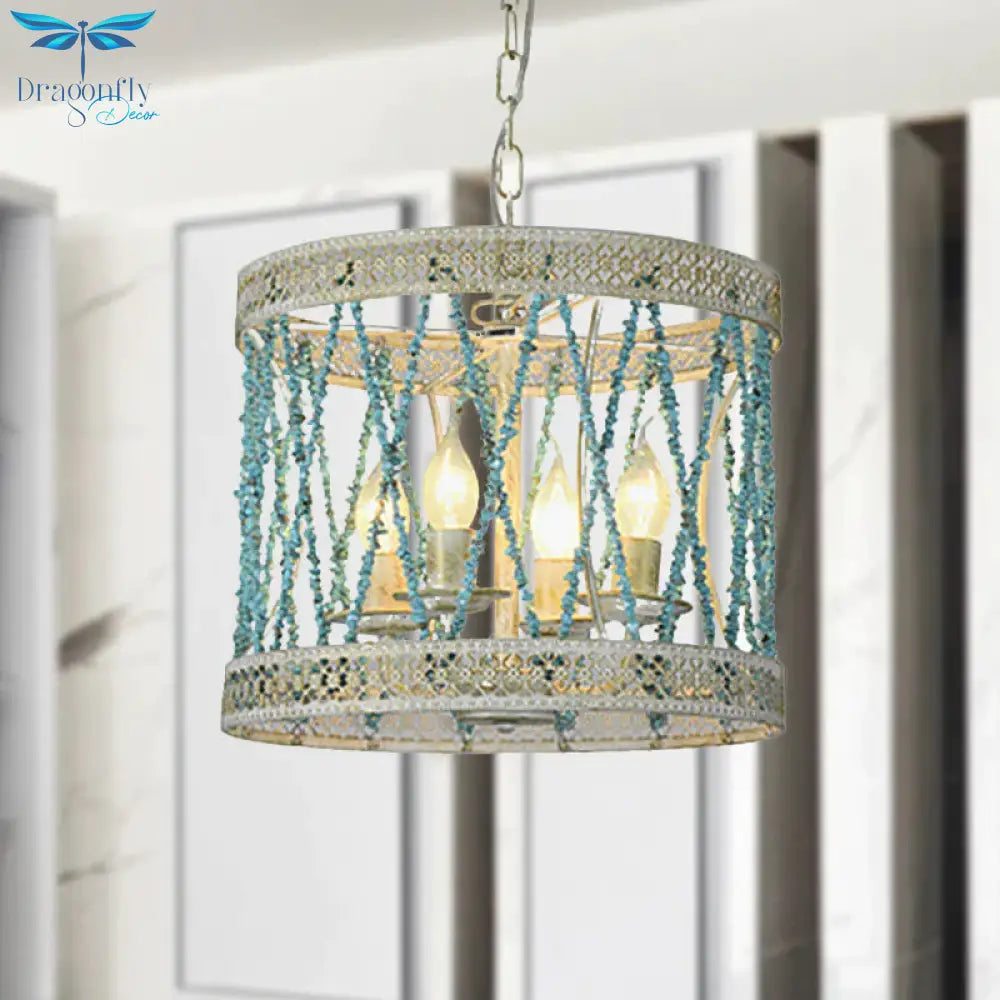 Stone Cylinder Chandelier Lamp Retro 4/6 Bulbs Blue Pendant Lighting Fixture With Adjustable Chain