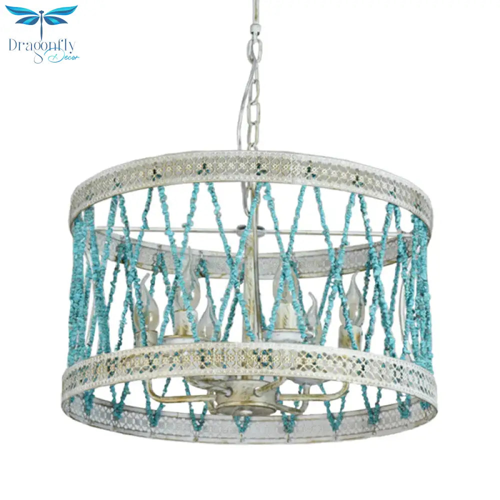 Stone Cylinder Chandelier Lamp Retro 4/6 Bulbs Blue Pendant Lighting Fixture With Adjustable Chain