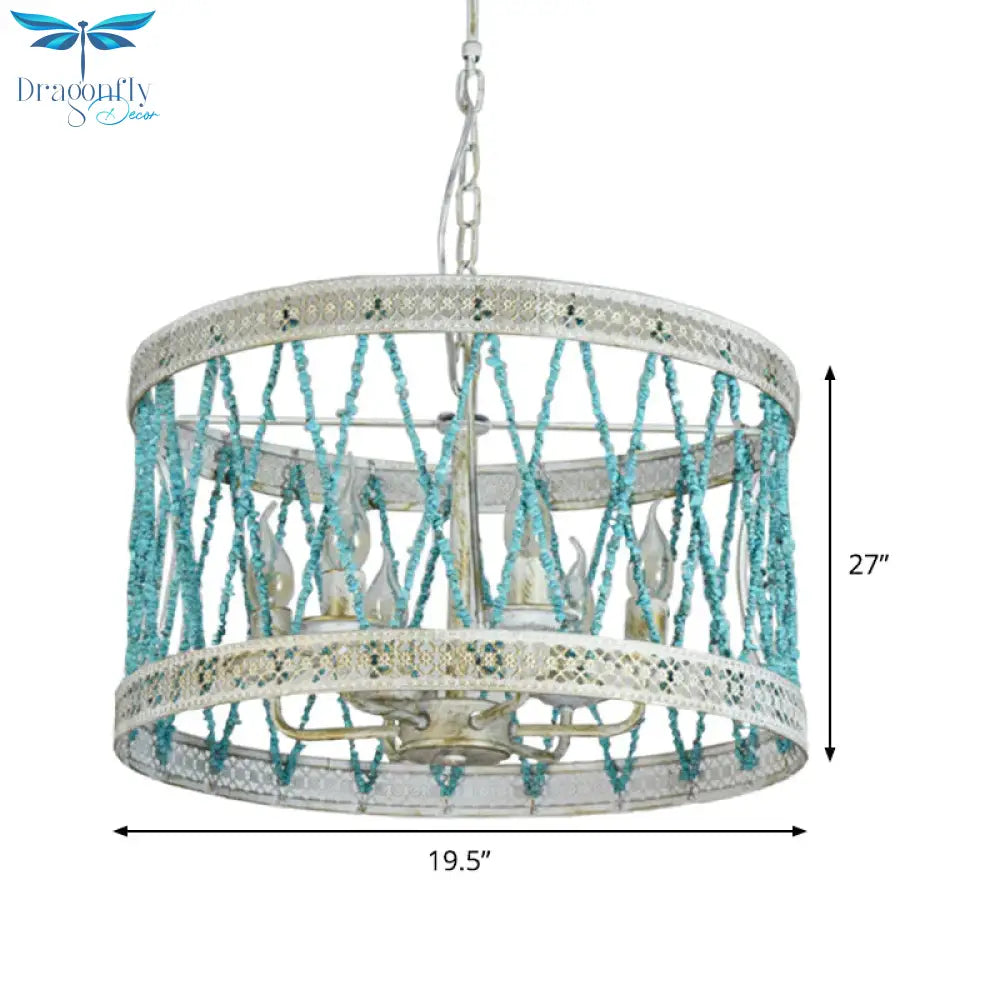 Stone Cylinder Chandelier Lamp Retro 4/6 Bulbs Blue Pendant Lighting Fixture With Adjustable Chain