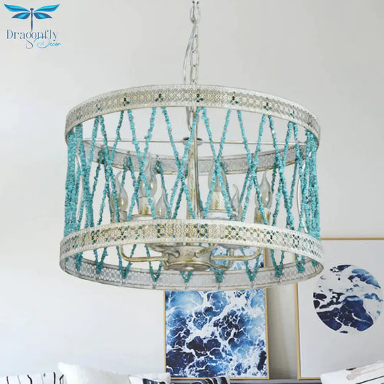 Stone Cylinder Chandelier Lamp Retro 4/6 Bulbs Blue Pendant Lighting Fixture With Adjustable Chain