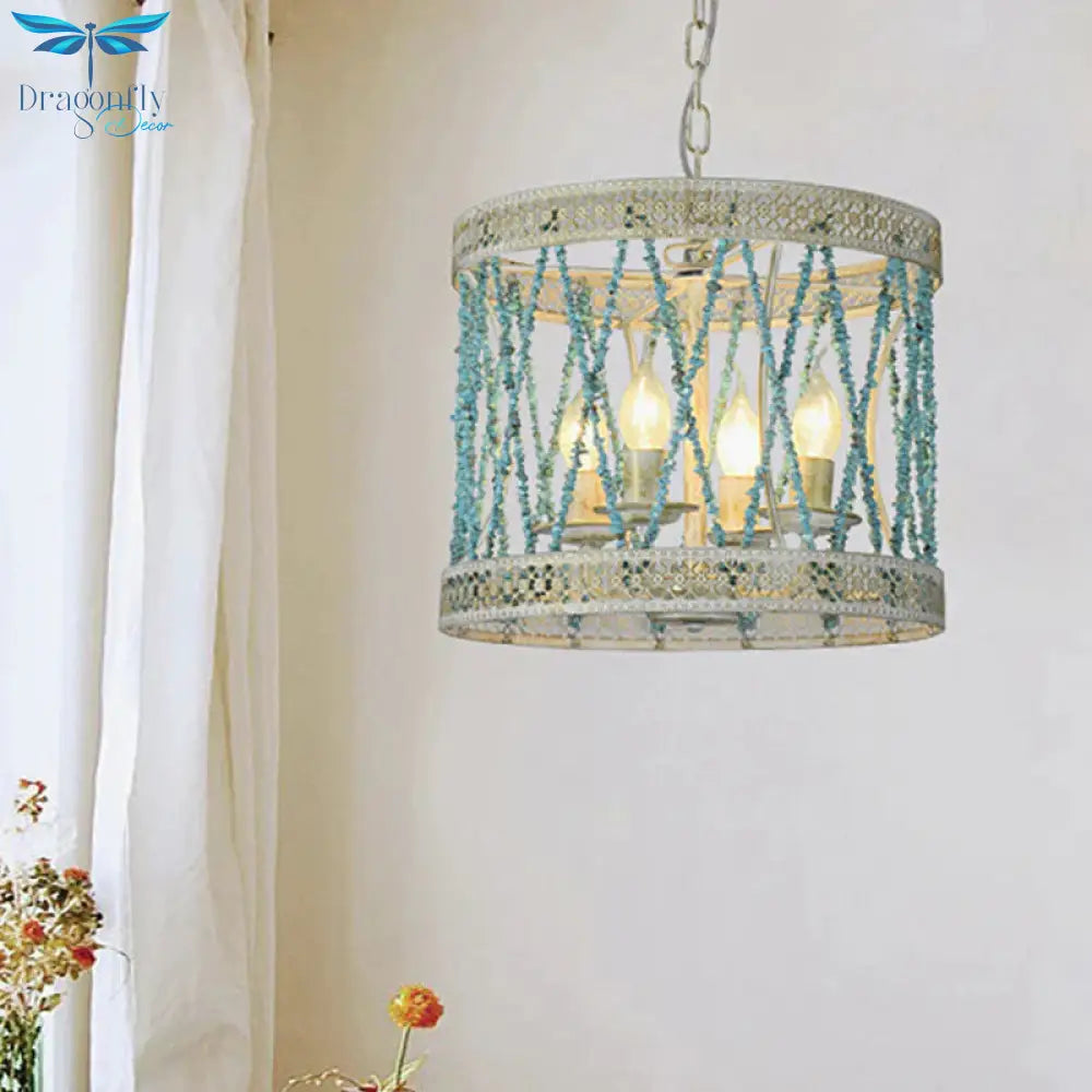 Stone Cylinder Chandelier Lamp Retro 4/6 Bulbs Blue Pendant Lighting Fixture With Adjustable Chain