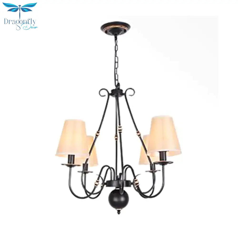 Swirled Arm Living Room Ceiling Chandelier Classic Fabric 3/4/6 Lights Black Hanging Fixture With