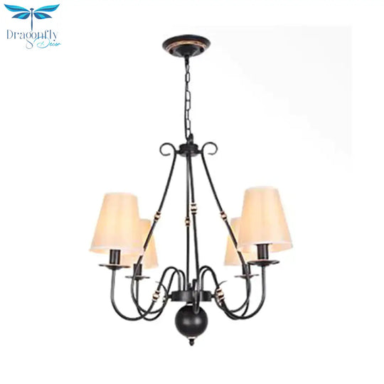 Swirled Arm Living Room Ceiling Chandelier Classic Fabric 3/4/6 Lights Black Hanging Fixture With