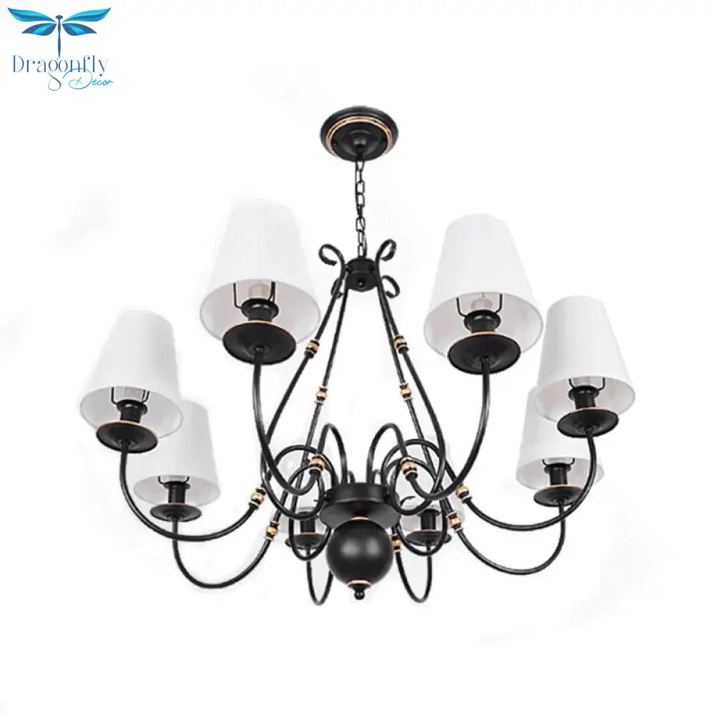 Swirled Arm Living Room Ceiling Chandelier Classic Fabric 3/4/6 Lights Black Hanging Fixture With
