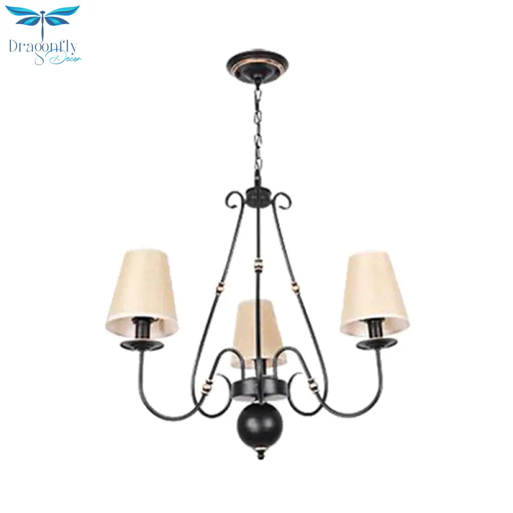 Swirled Arm Living Room Ceiling Chandelier Classic Fabric 3/4/6 Lights Black Hanging Fixture With