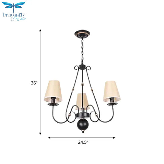 Swirled Arm Living Room Ceiling Chandelier Classic Fabric 3/4/6 Lights Black Hanging Fixture With