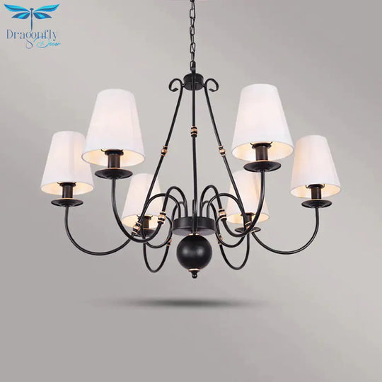 Swirled Arm Living Room Ceiling Chandelier Classic Fabric 3/4/6 Lights Black Hanging Fixture With