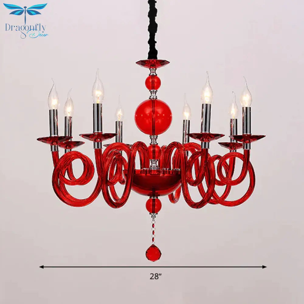Swirling Arm White/Red/Blue Glass Ceiling Hanging Light In Chrome With Crystal Ball 12 Heads