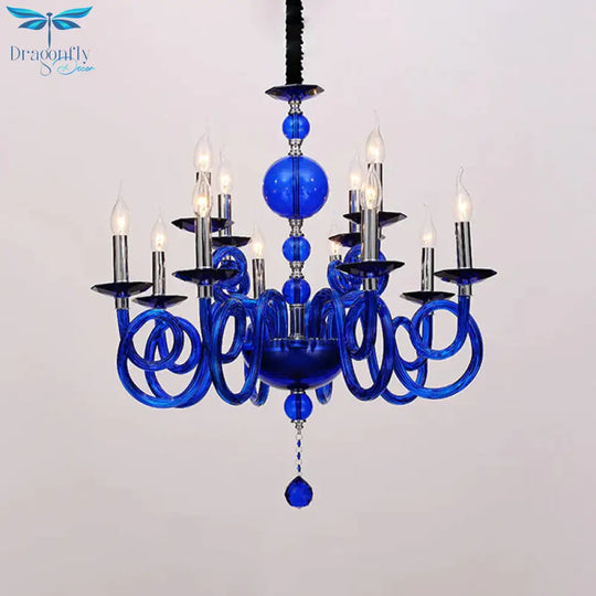 Swirling Arm White/Red/Blue Glass Ceiling Hanging Light In Chrome With Crystal Ball 12 Heads