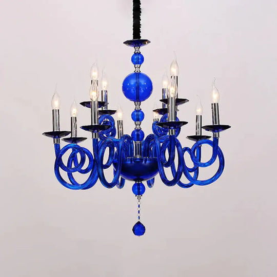 Swirling Arm White/Red/Blue Glass Ceiling Hanging Light In Chrome With Crystal Ball 12 Heads