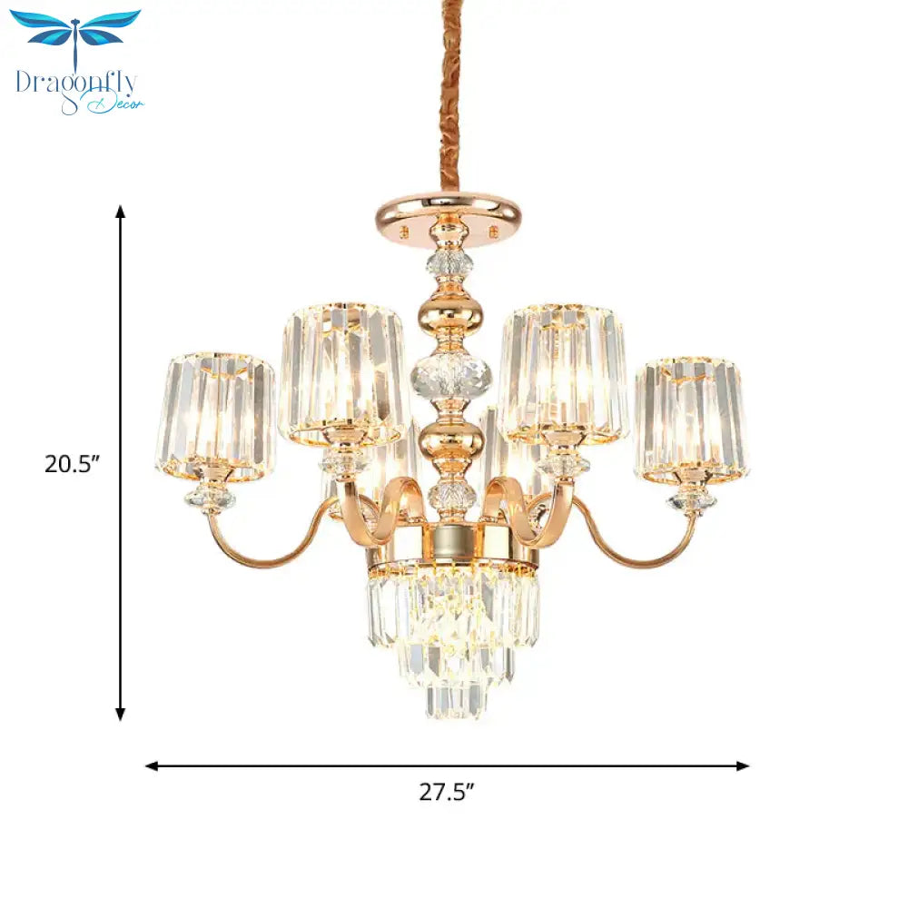 Swooping Arm Crystal Ceiling Lamp Traditionalist 6 Lights Bedroom Chandelier Light Fixture In Gold