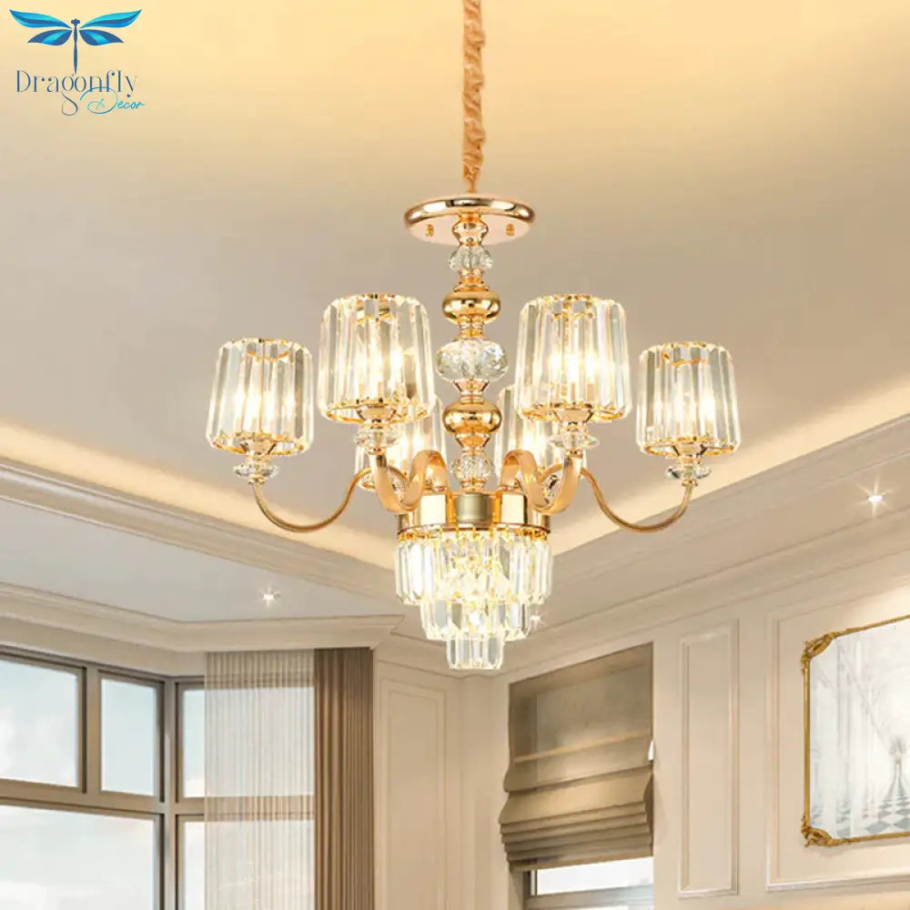 Swooping Arm Crystal Ceiling Lamp Traditionalist 6 Lights Bedroom Chandelier Light Fixture In Gold