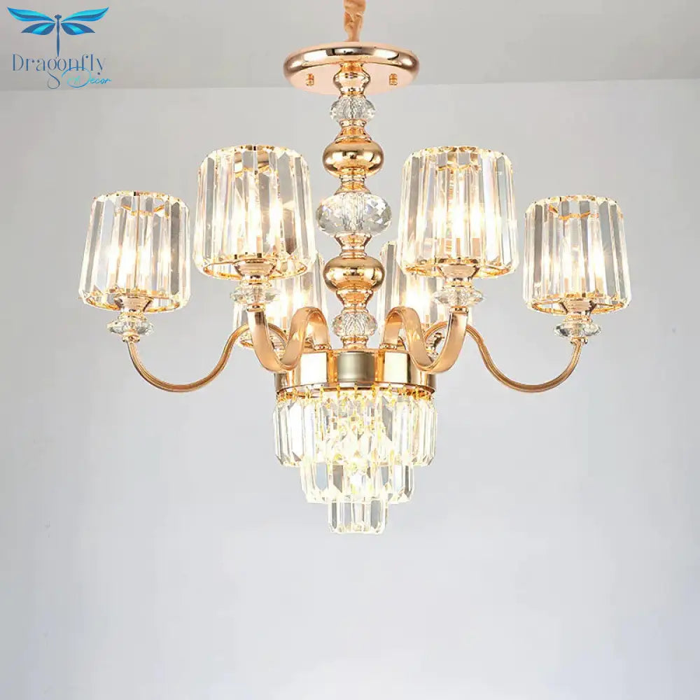 Swooping Arm Crystal Ceiling Lamp Traditionalist 6 Lights Bedroom Chandelier Light Fixture In Gold
