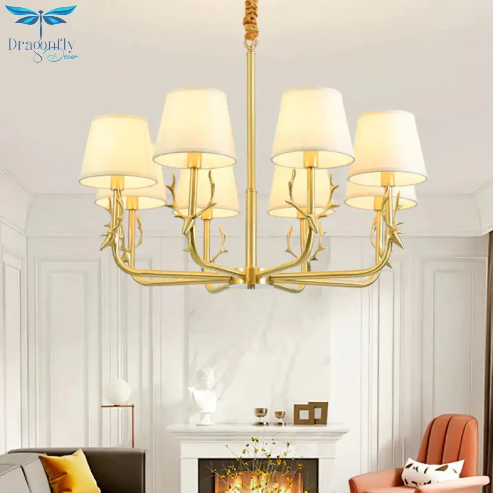 Tapered Fabric Chandelier Colonialism 3/6/8 Lights Living Room Pendant In Gold With Copper Deer Head