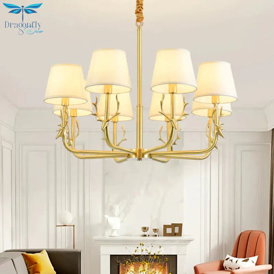 Tapered Fabric Chandelier Colonialism 3/6/8 Lights Living Room Pendant In Gold With Copper Deer Head