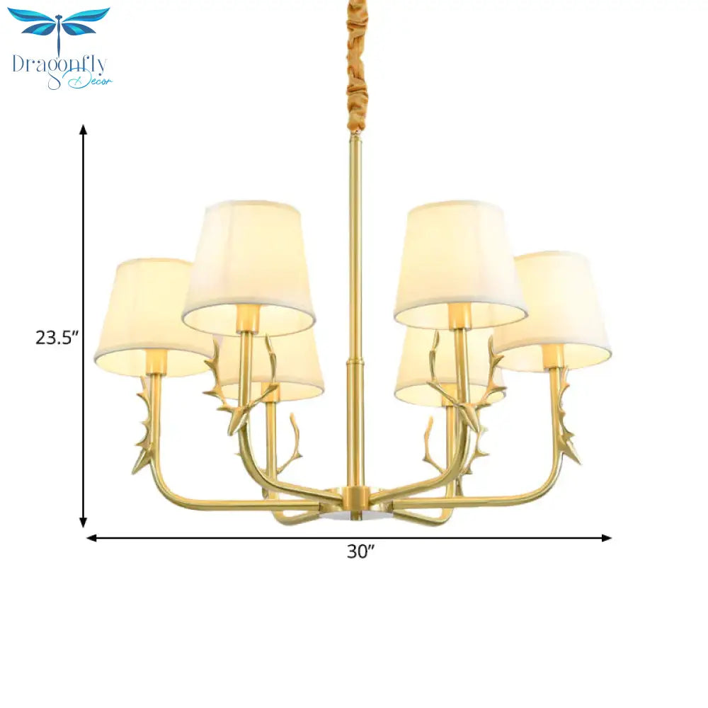 Tapered Fabric Chandelier Colonialism 3/6/8 Lights Living Room Pendant In Gold With Copper Deer Head