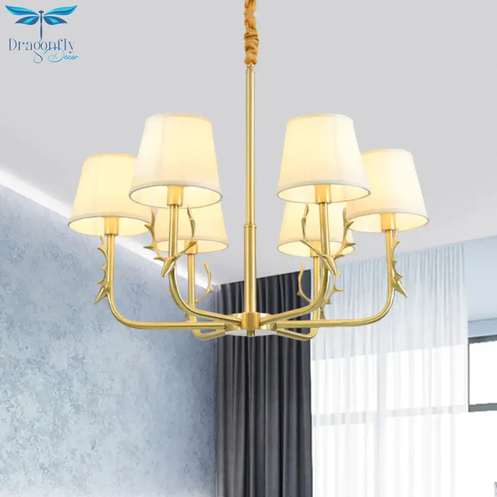 Tapered Fabric Chandelier Colonialism 3/6/8 Lights Living Room Pendant In Gold With Copper Deer Head