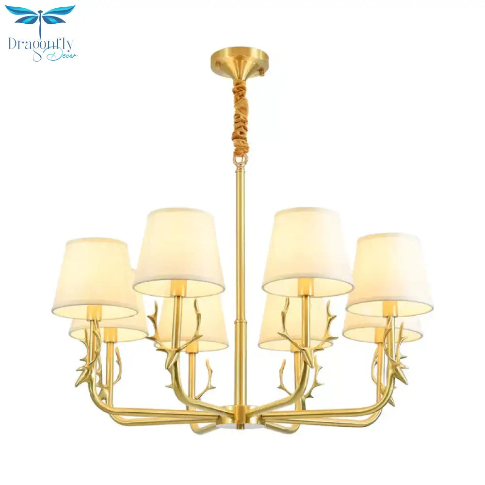 Tapered Fabric Chandelier Colonialism 3/6/8 Lights Living Room Pendant In Gold With Copper Deer Head