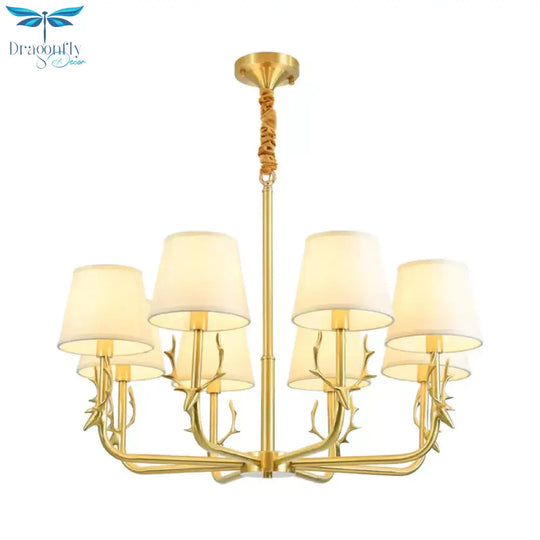 Tapered Fabric Chandelier Colonialism 3/6/8 Lights Living Room Pendant In Gold With Copper Deer Head