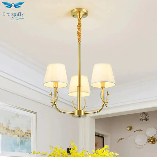 Tapered Fabric Chandelier Colonialism 3/6/8 Lights Living Room Pendant In Gold With Copper Deer Head