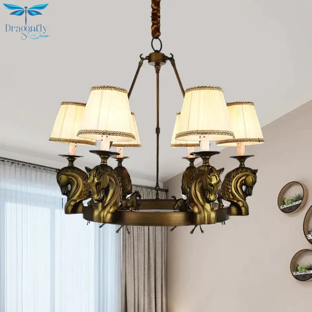 Tapered Fabric Chandelier Light Fixture Country 6 Heads Living Room Pendant Lamp In White/Bronze