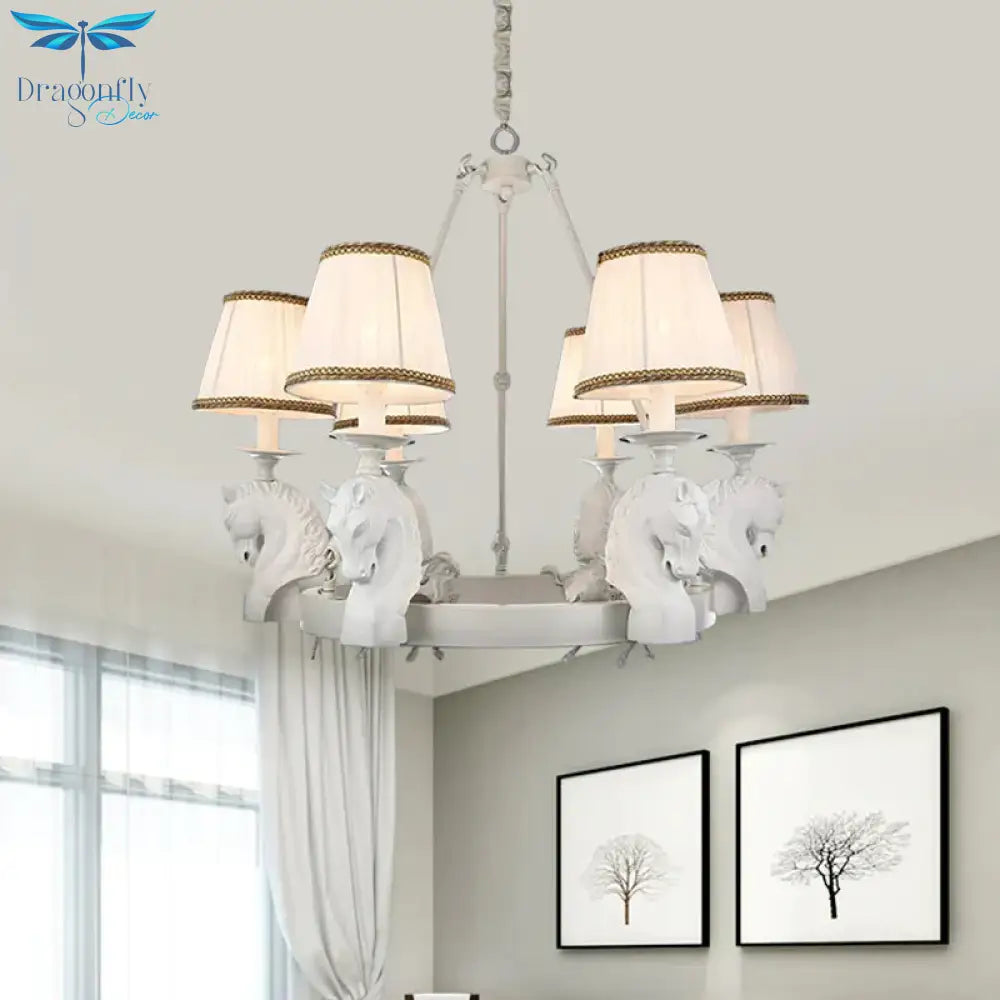 Tapered Fabric Chandelier Light Fixture Country 6 Heads Living Room Pendant Lamp In White/Bronze