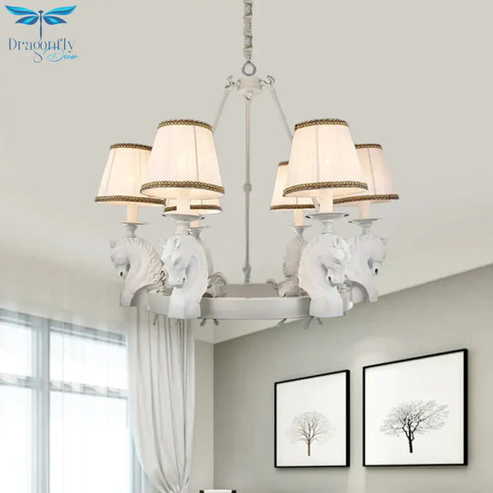 Tapered Fabric Chandelier Light Fixture Country 6 Heads Living Room Pendant Lamp In White/Bronze