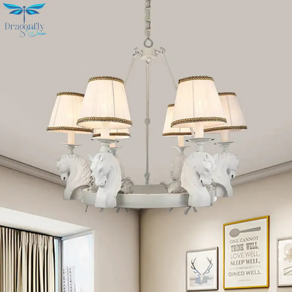 Tapered Fabric Chandelier Light Fixture Country 6 Heads Living Room Pendant Lamp In White/Bronze