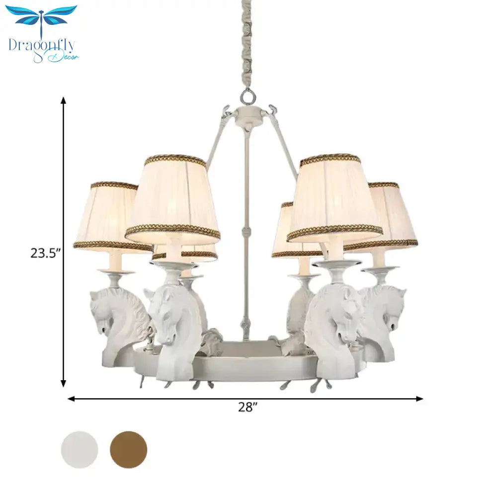 Tapered Fabric Chandelier Light Fixture Country 6 Heads Living Room Pendant Lamp In White/Bronze