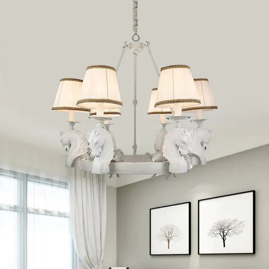 Tapered Fabric Chandelier Light Fixture Country 6 Heads Living Room Pendant Lamp In White/Bronze
