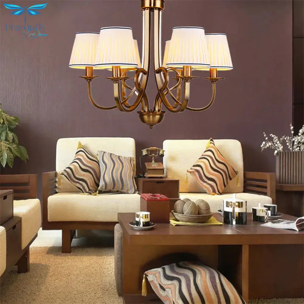 Tapered Fabric Chandelier Light Rustic 6/8 Dining Room Ceiling Fixture In Gold