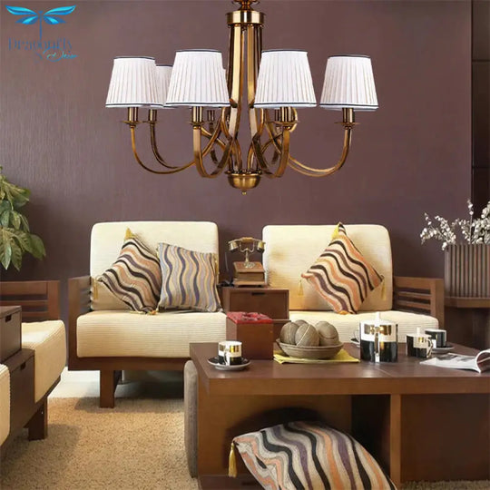 Tapered Fabric Chandelier Light Rustic 6/8 Dining Room Ceiling Fixture In Gold