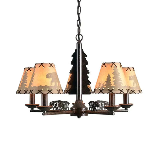 Tapered Indoor Hanging Lamp Traditional Fabric 5 Bulbs Rust Chandelier Pendant Light