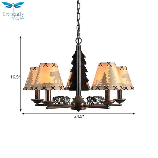 Tapered Indoor Hanging Lamp Traditional Fabric 5 Bulbs Rust Chandelier Pendant Light