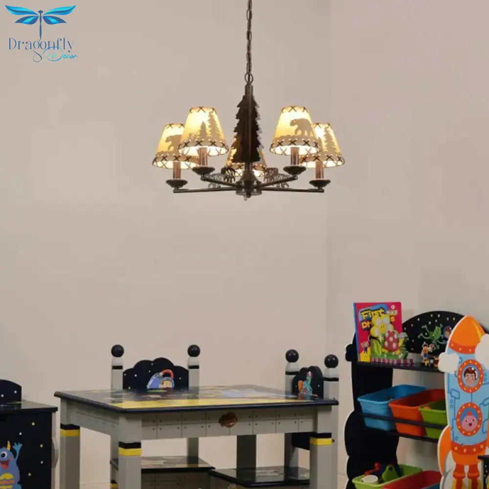Tapered Indoor Hanging Lamp Traditional Fabric 5 Bulbs Rust Chandelier Pendant Light