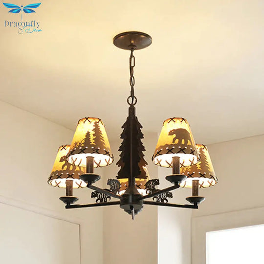 Tapered Indoor Hanging Lamp Traditional Fabric 5 Bulbs Rust Chandelier Pendant Light