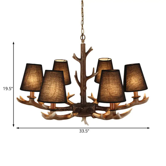 Tapered Living Room Drop Lamp Traditional Fabric 6 Bulbs Black Chandelier Pendant Light With Antler
