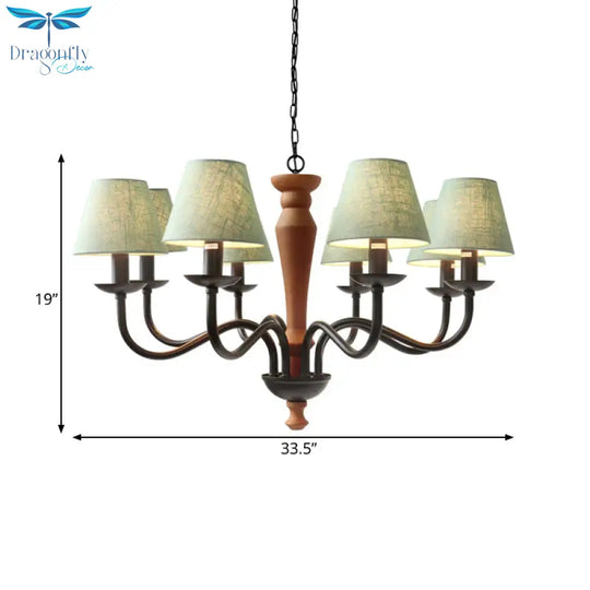 Tapered Living Room Pendant Chandelier Vintage Fabric 3/8 Lights Green/Beige Ceiling Suspension Lamp