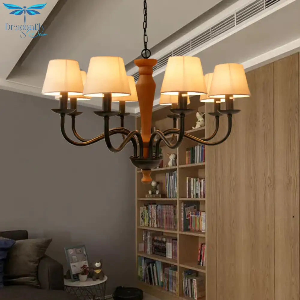 Tapered Living Room Pendant Chandelier Vintage Fabric 3/8 Lights Green/Beige Ceiling Suspension Lamp