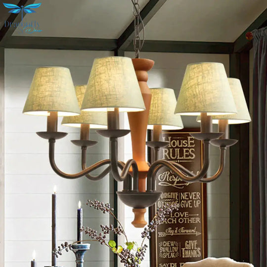 Tapered Living Room Pendant Chandelier Vintage Fabric 3/8 Lights Green/Beige Ceiling Suspension Lamp